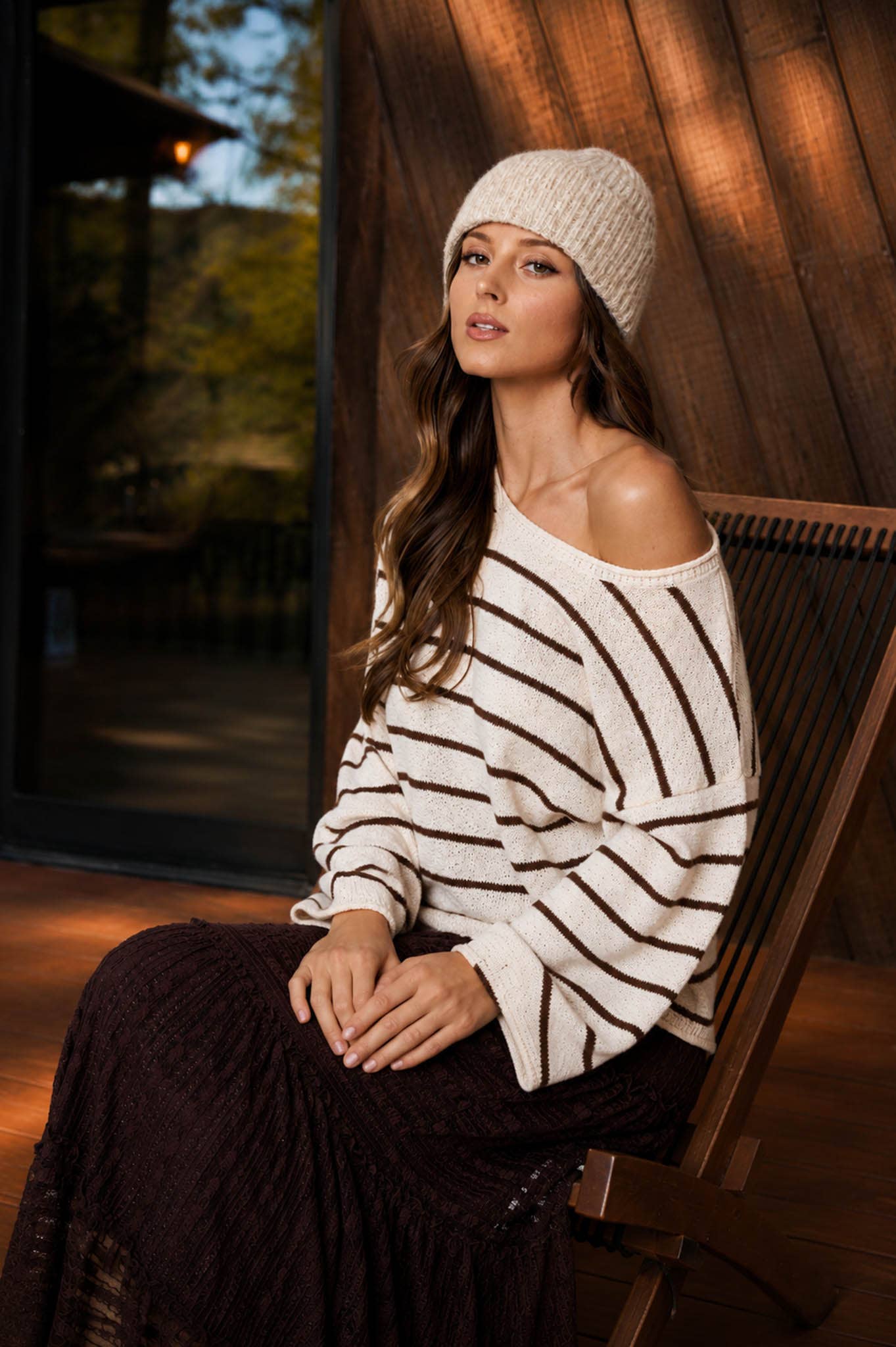 STRIPE TEXTURED RAW EDGE LONG SLEEVE KNIT SWEATER-BACKORDER