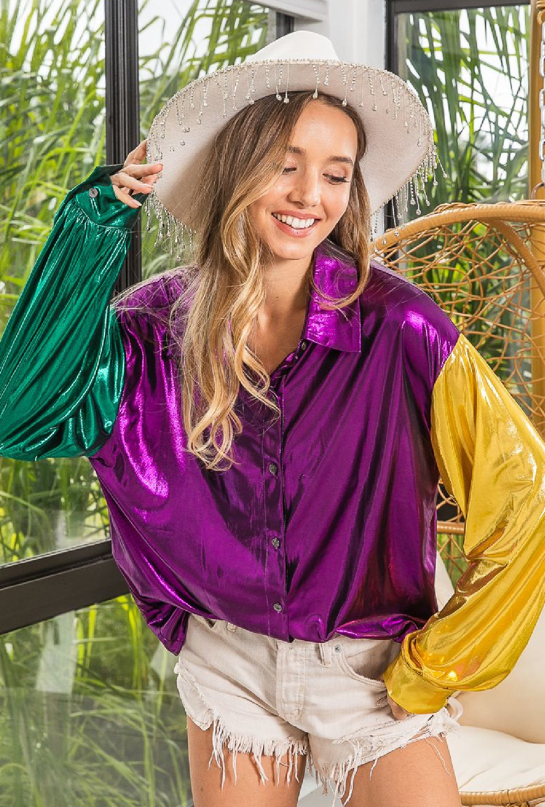 Mardi Gras Metallic Silky Shirt Top