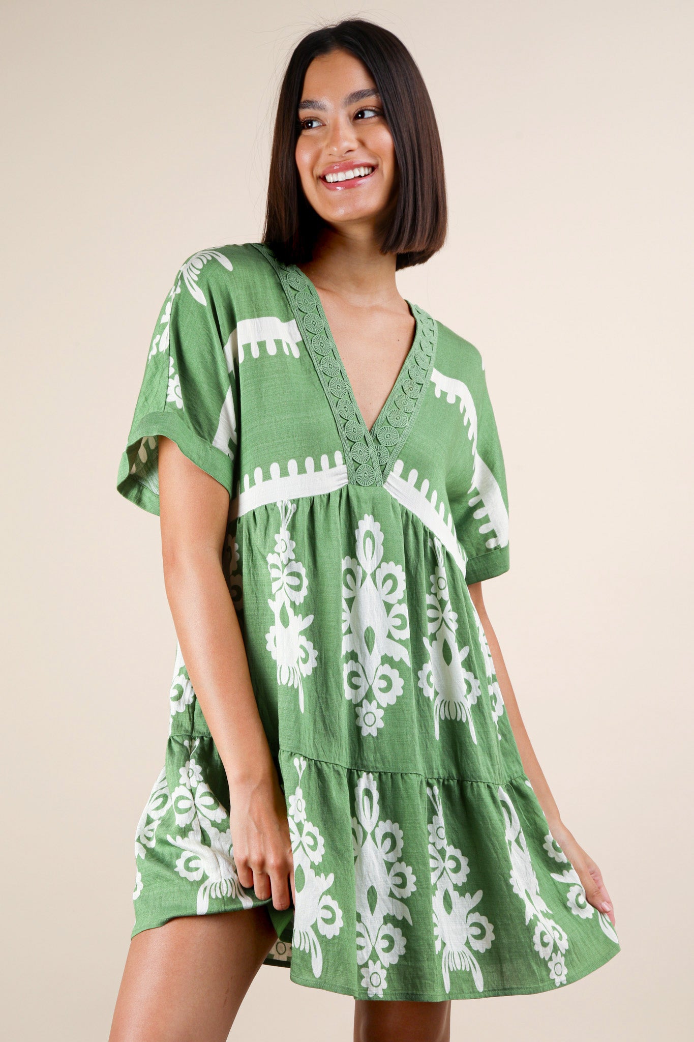 Printed V-Neck Woven Mini Dress