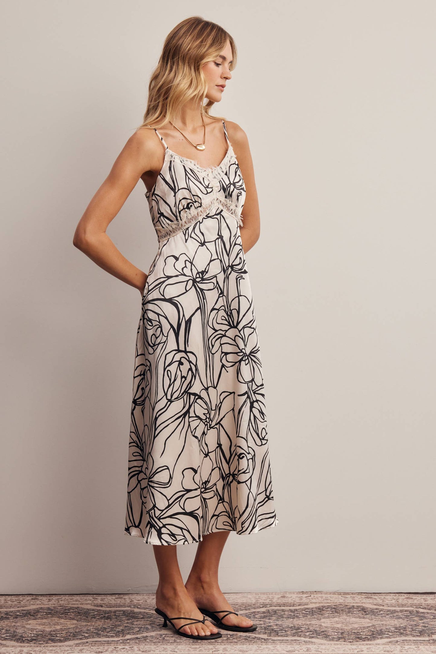 Lace Trim Floral Satin Midi Dress