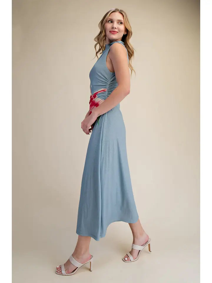 Ruched High-Neck Flower Print Midi Dress