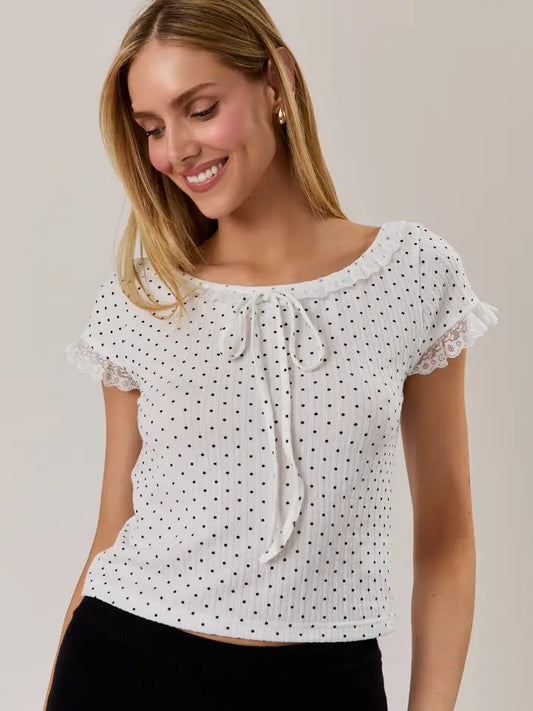 Boat Neck Polka Dot Knit Top with Lace Trim