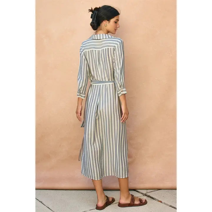 Nautical Stripe Belted Maxi Shirt Dress