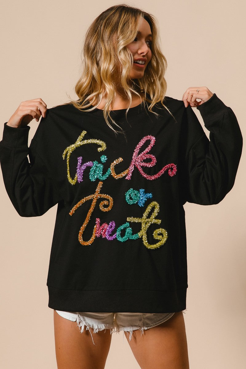 Tinsel Trick Or Treat Lettering Halloween Pullover