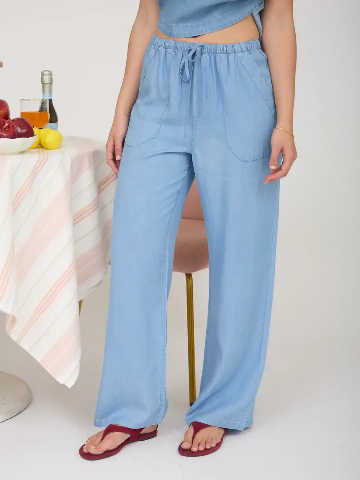 Chambray Drawstring Wide Leg Lounge Pants
