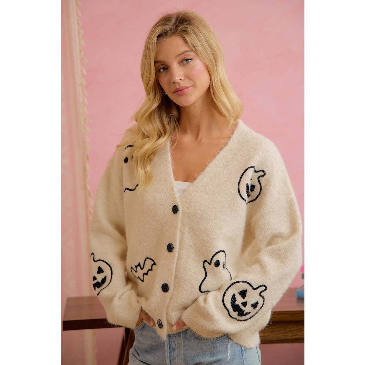 Halloween Ghost Pumpkin Button Cardigan