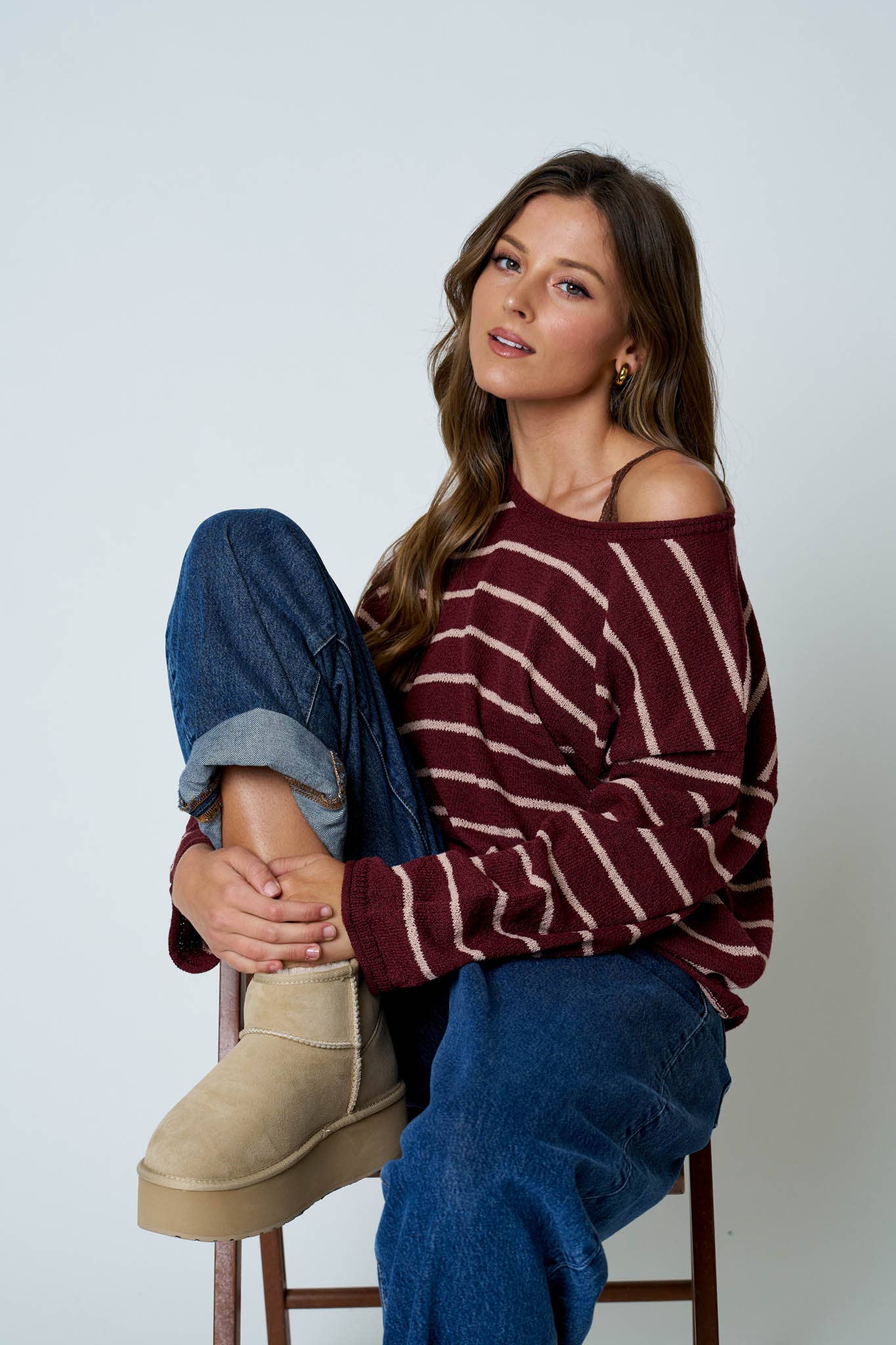 STRIPE TEXTURED RAW EDGE LONG SLEEVE KNIT SWEATER-BACKORDER
