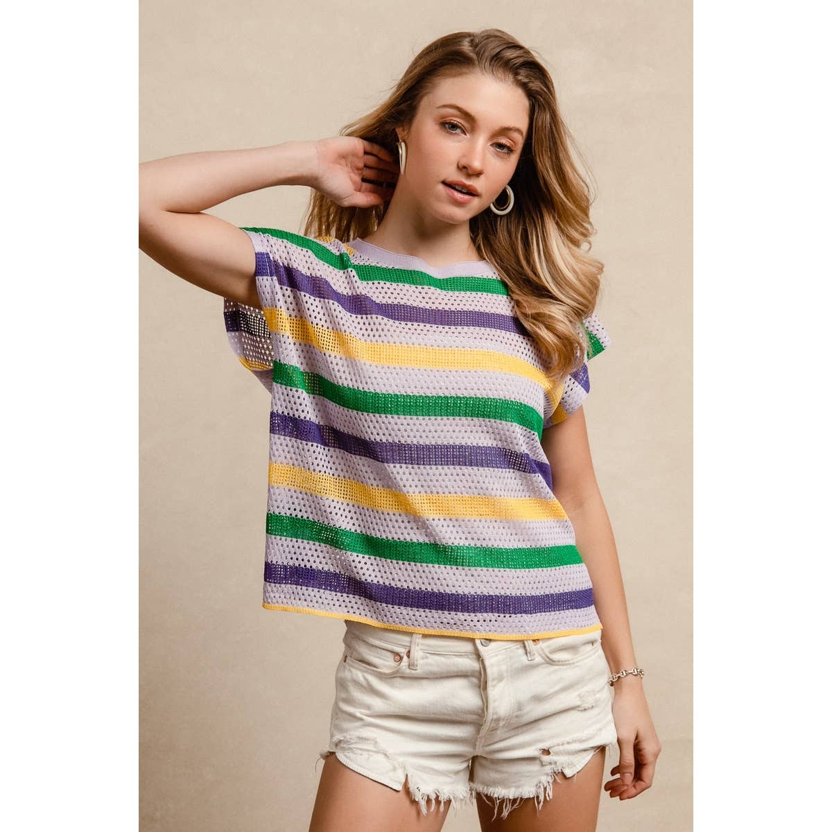 MARDI GRAS STRIPES SHORT DOLMAN SLEEVE KNIT TOP
