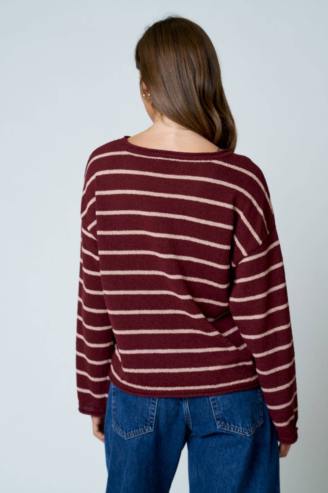 STRIPE TEXTURED RAW EDGE LONG SLEEVE KNIT SWEATER-BACKORDER