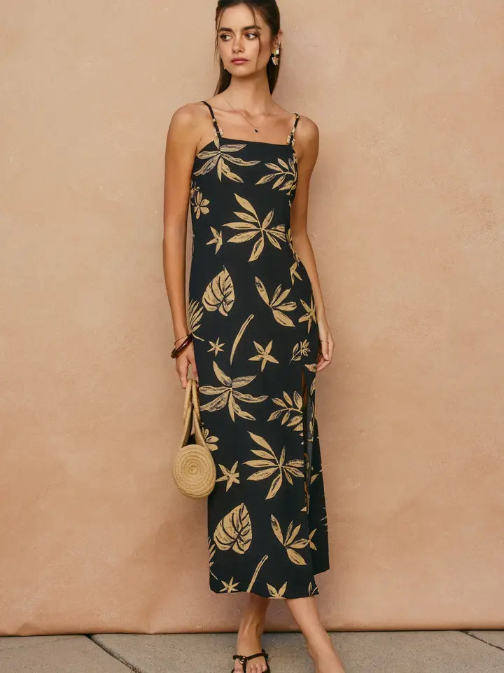 Tropical Leaf Front Slit Midi Dress