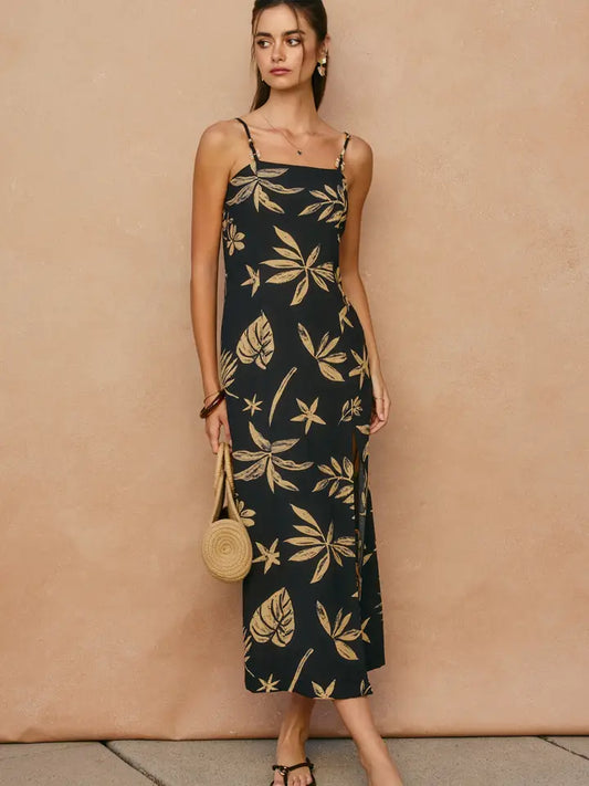 Tropical Leaf Front Slit Midi Dress