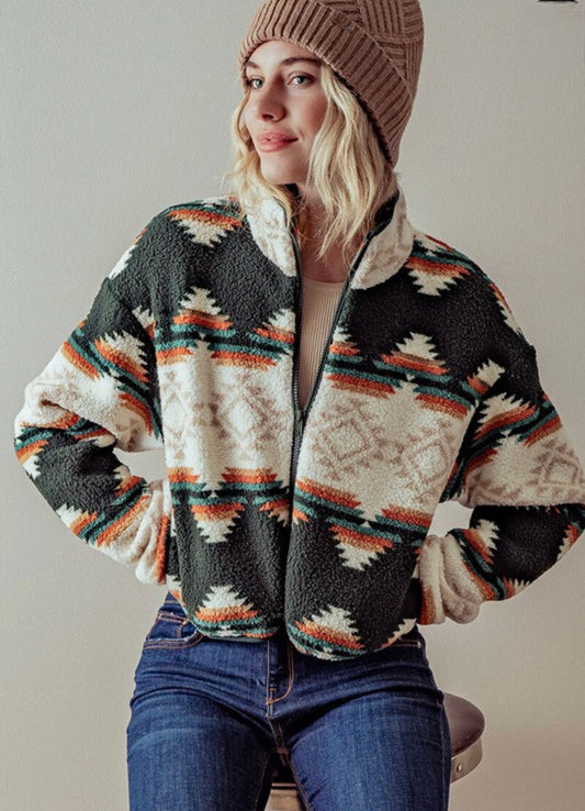 Aztec Sherpa Cropped Jacket Hunter