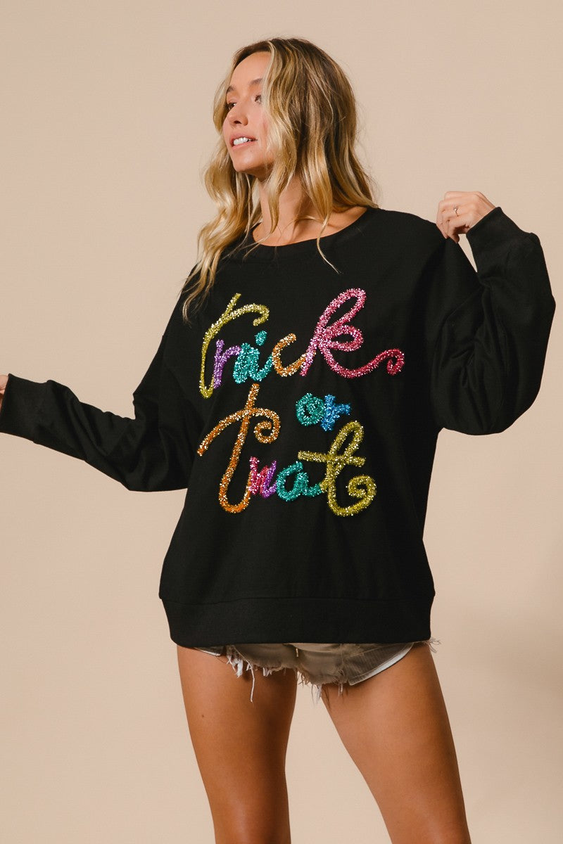 Tinsel Trick Or Treat Lettering Halloween Pullover