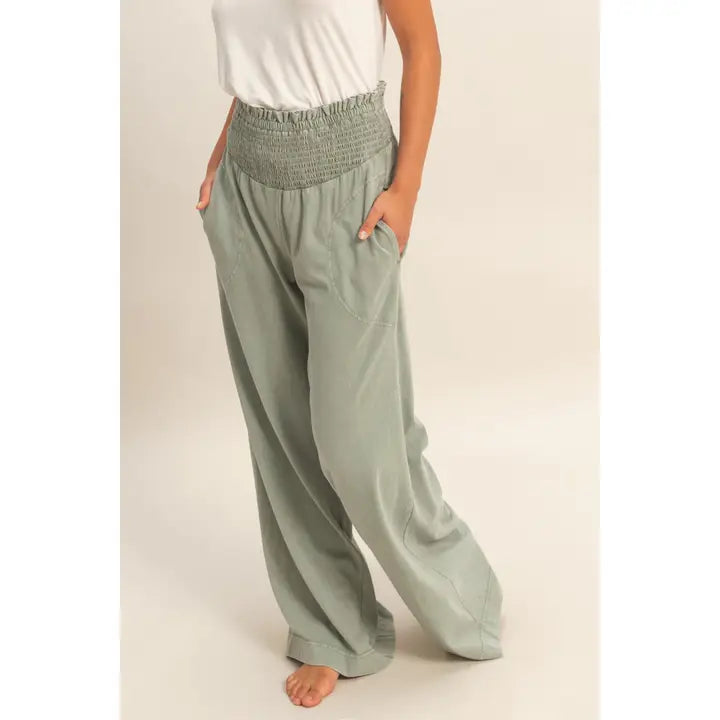 Mineral Washed Wide-Leg Smocked Waist Pants