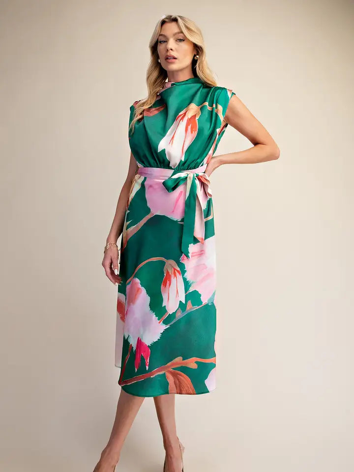 Floral Dress Cowl Neck Sleeveless Waist Tie Midi Satin