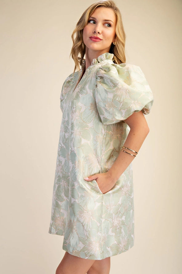 Ruffle V-Neck Puff Sleeve Mini Dress - Spring / Summer