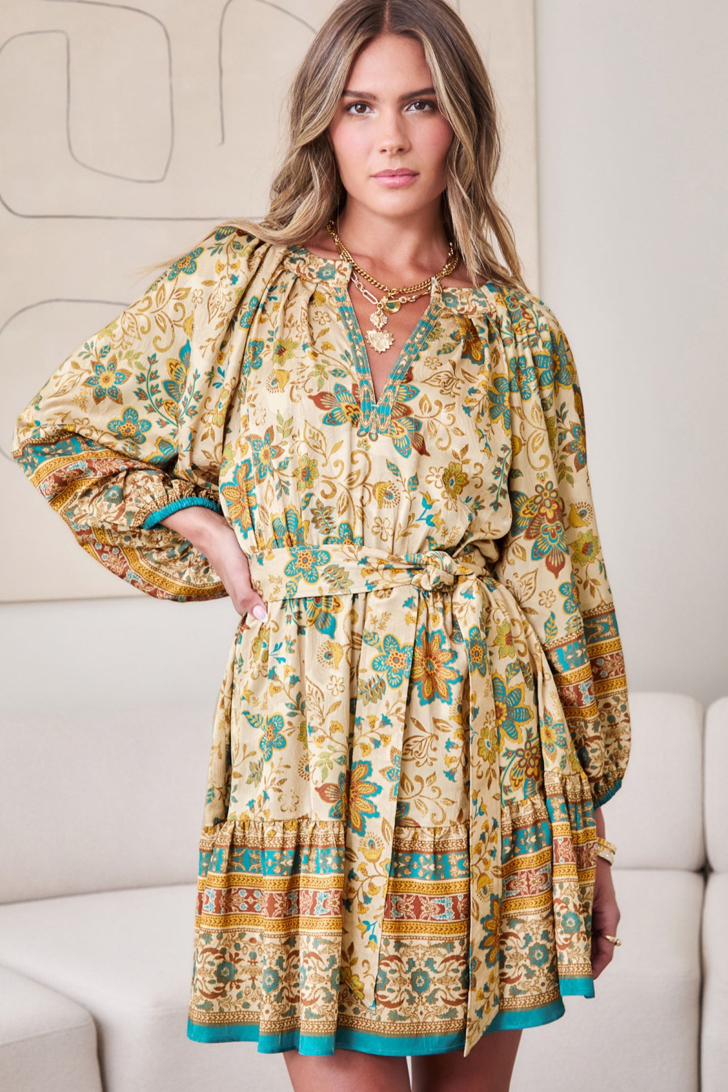 Split Neck Mini Dress with Waist Belt