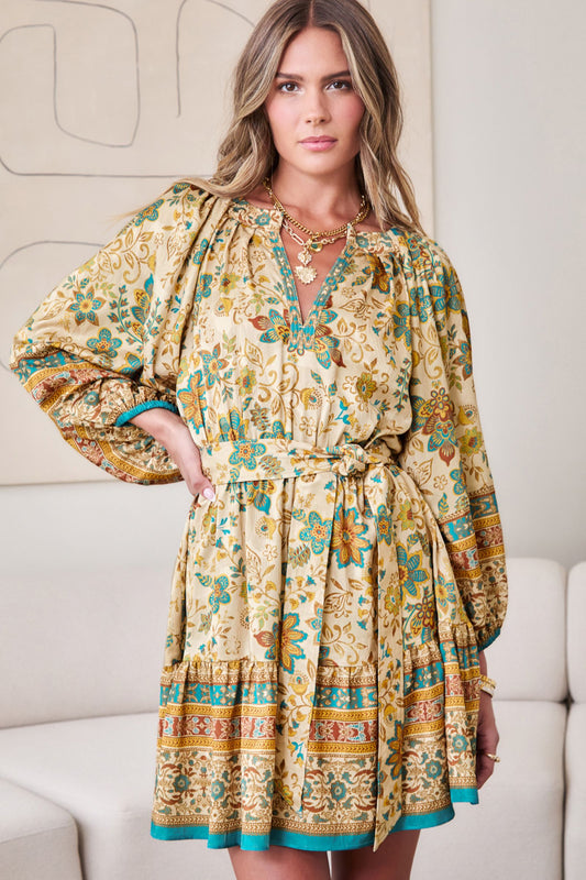 Split Neck Mini Dress with Waist Belt
