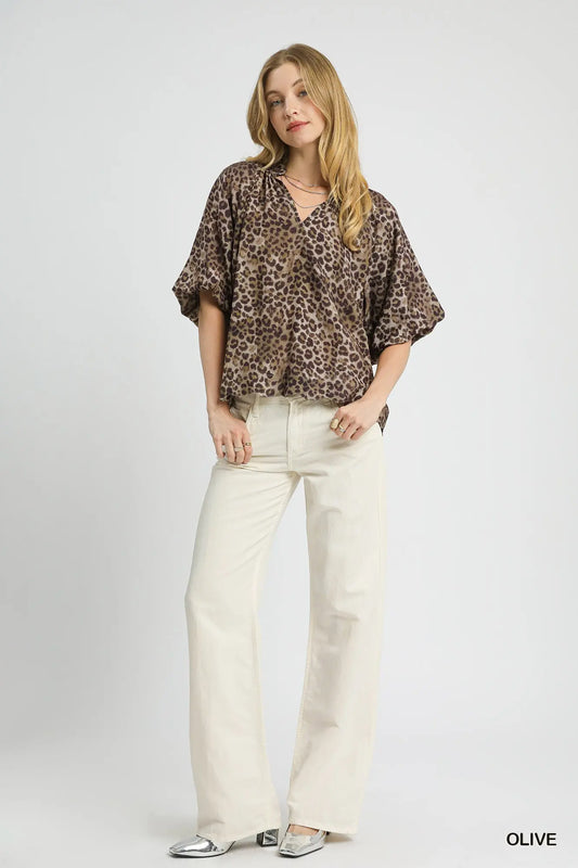 Bubble Sleeved Animal Print Blouse