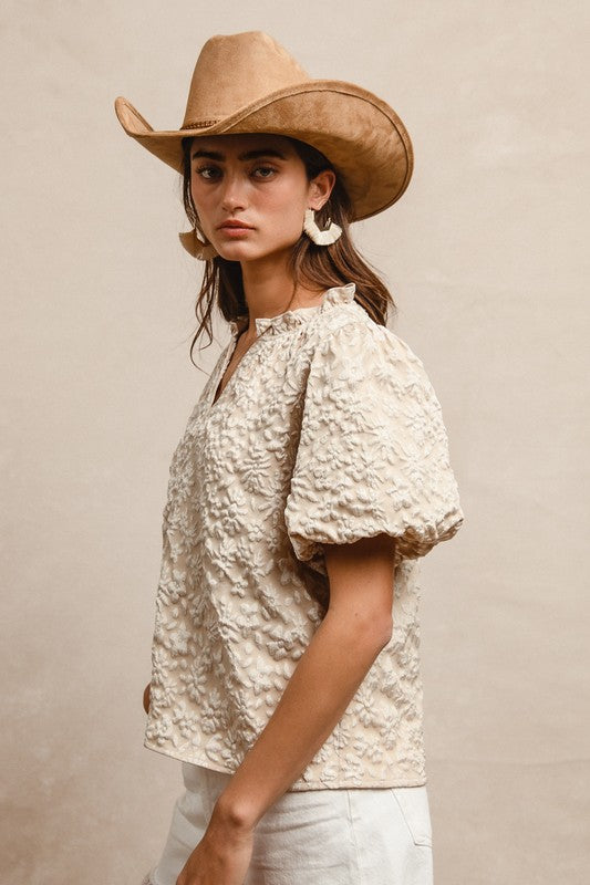Floral Balloon Sleeve V Neck Top
