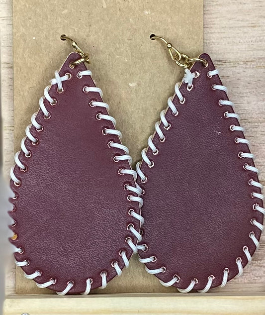 Gameday Stitched Teardrop Faux Leather Earrings Burgundy