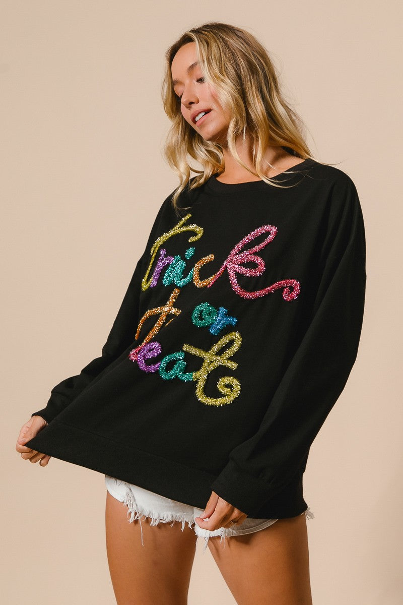 Tinsel Trick Or Treat Lettering Halloween Pullover