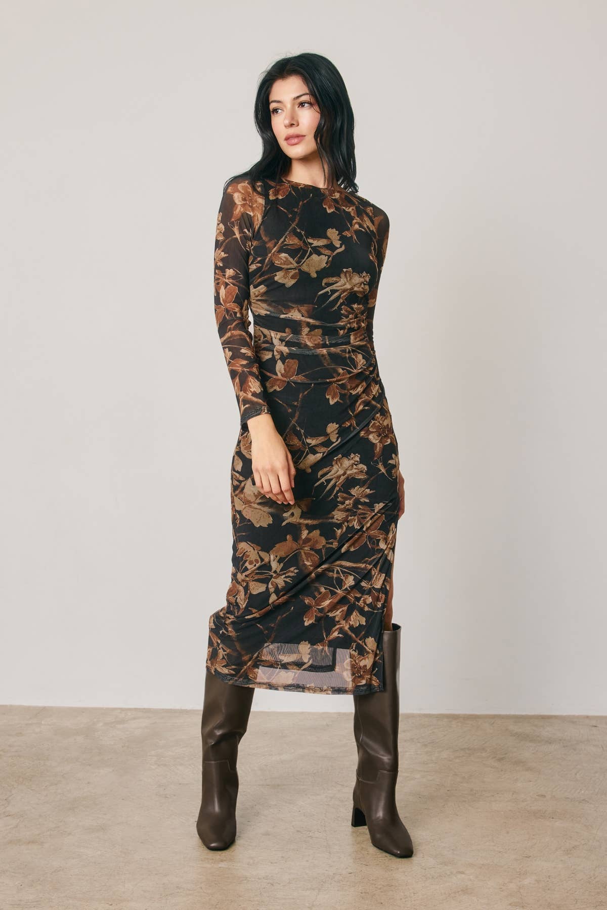 Floral Mesh Ruched Midi Dress