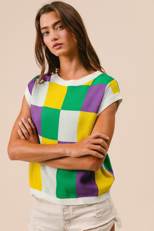 Mardi Gras Check Sleeveless Sweater