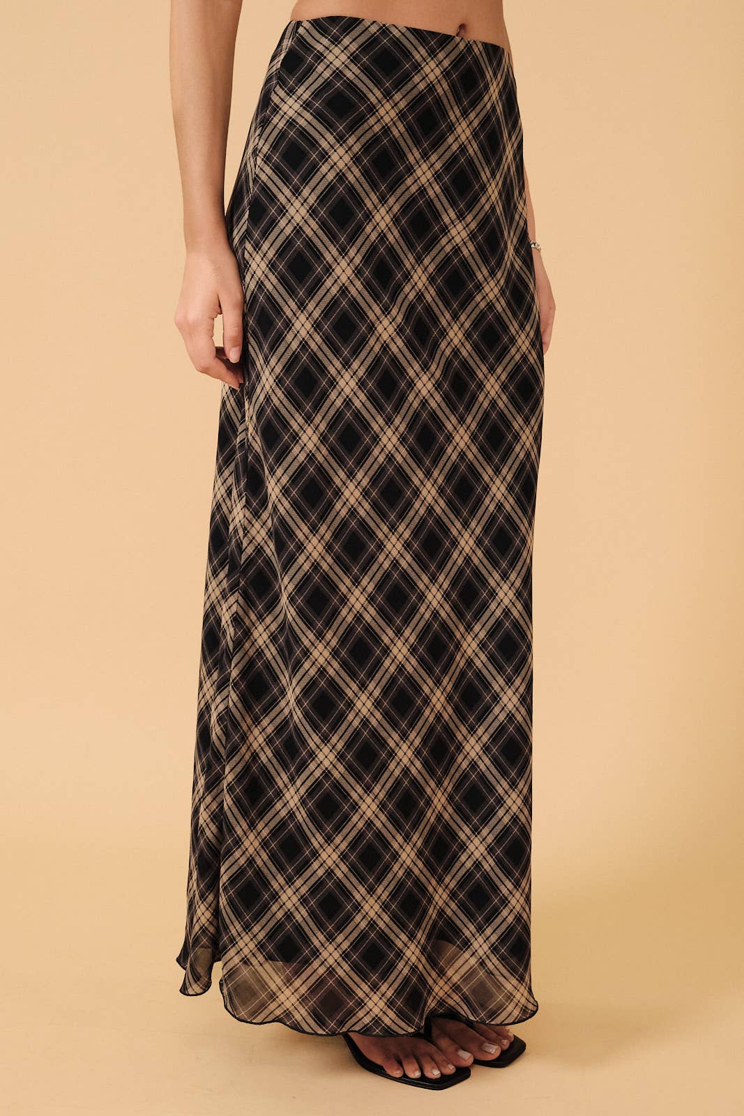 High Waist Plaid Chiffon Midi Skirt
