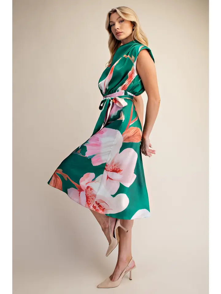 Floral Dress Cowl Neck Sleeveless Waist Tie Midi Satin