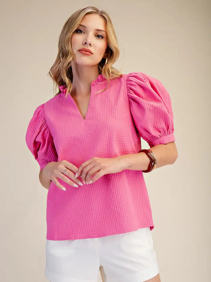 Ruffle V-Neck Puff Sleeve Top