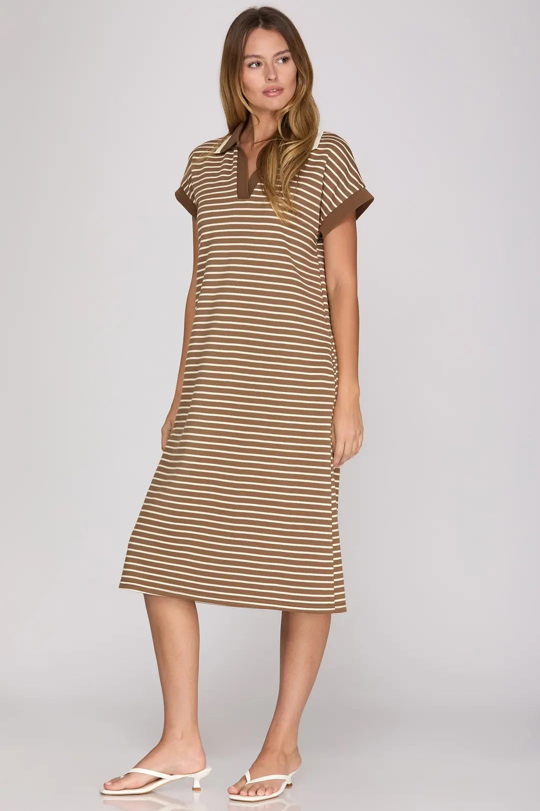 DROP SHORT SLEEVE KNIT STRIPED COLLARED MIDI DRESS WITH POCKETS
