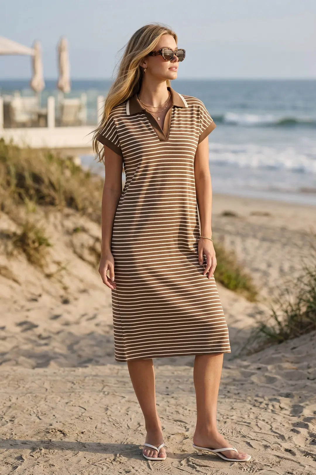 DROP SHORT SLEEVE KNIT STRIPED COLLARED MIDI DRESS WITH POCKETS
