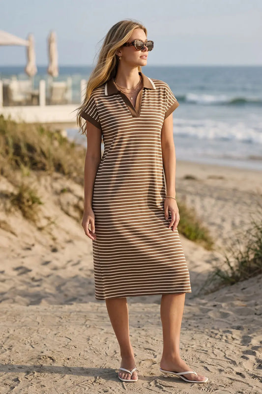 DROP SHORT SLEEVE KNIT STRIPED COLLARED MIDI DRESS WITH POCKETS