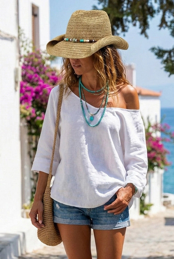 Straw Cowboy Hat with Stone and Wood Bead Band
