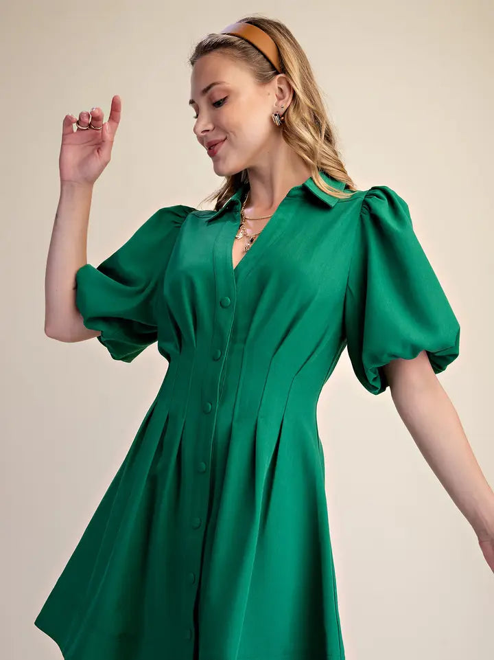 Shirt Dress Balloon Sleeve Waist Pleated Mini Fit & Flare
