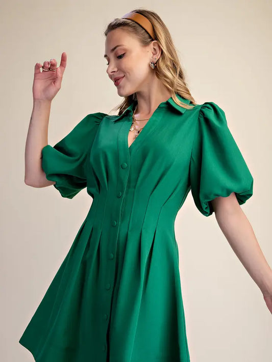 Shirt Dress Balloon Sleeve Waist Pleated Mini Fit & Flare