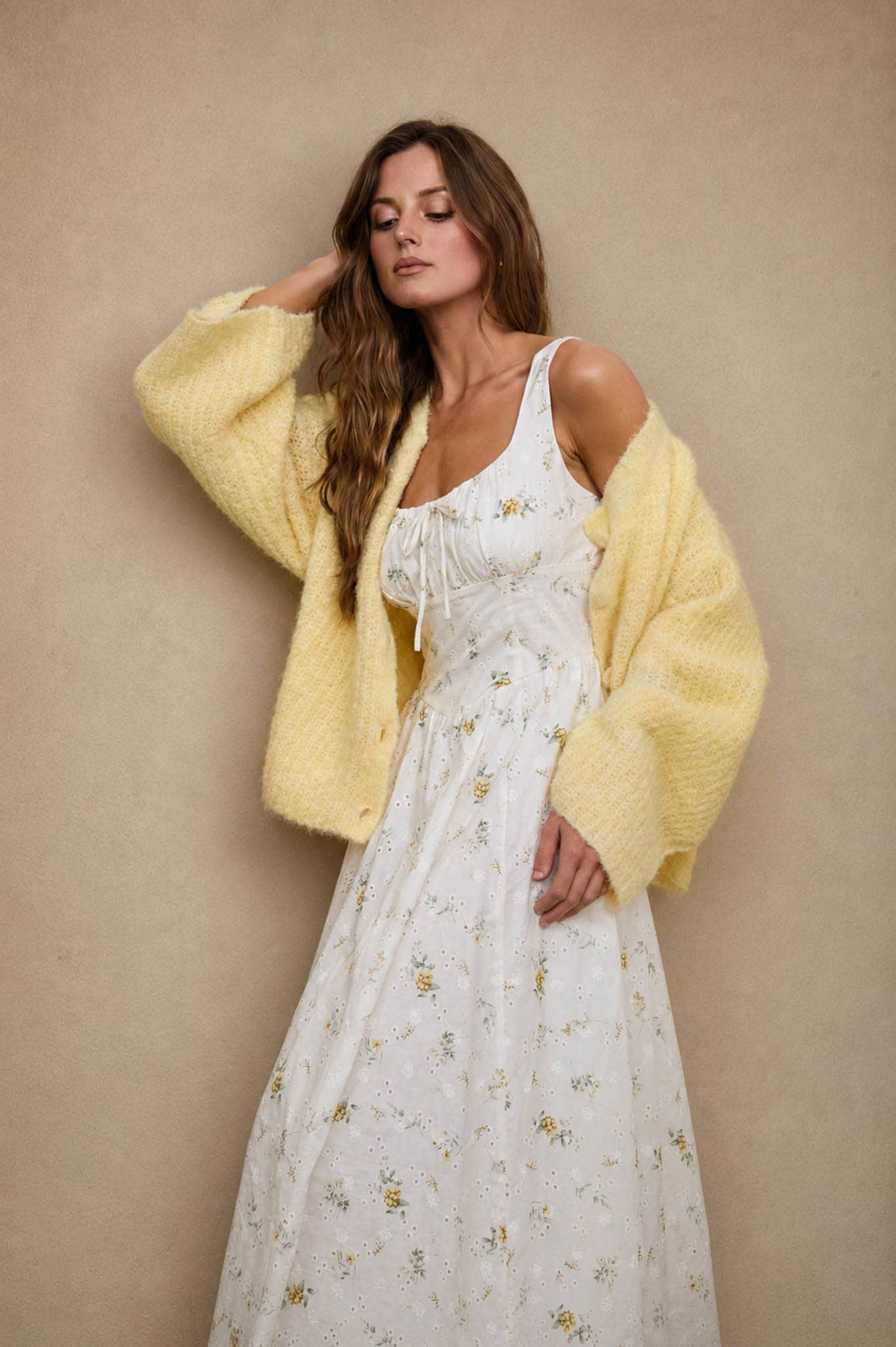 FLORAL EYELET TIE FRONT CORSET MIDI DRESS