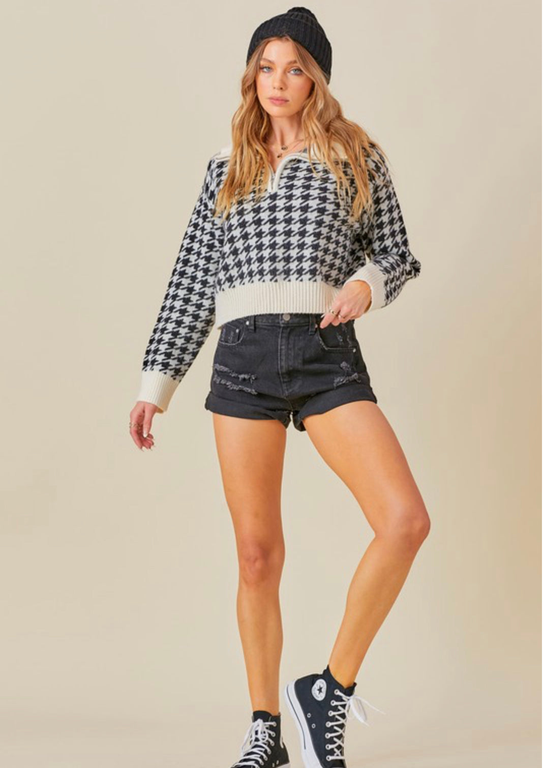 Houndstooth Half Zip Sweater