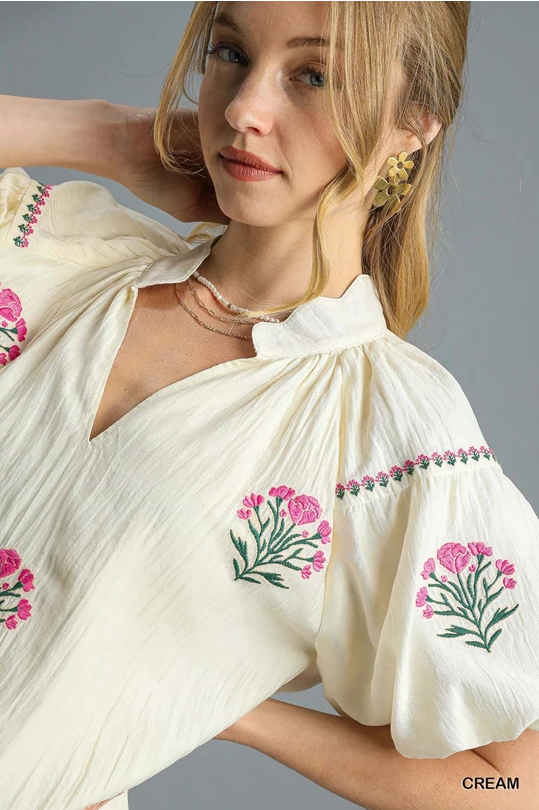 Floral Embroidered Puff Sleeve Blouse