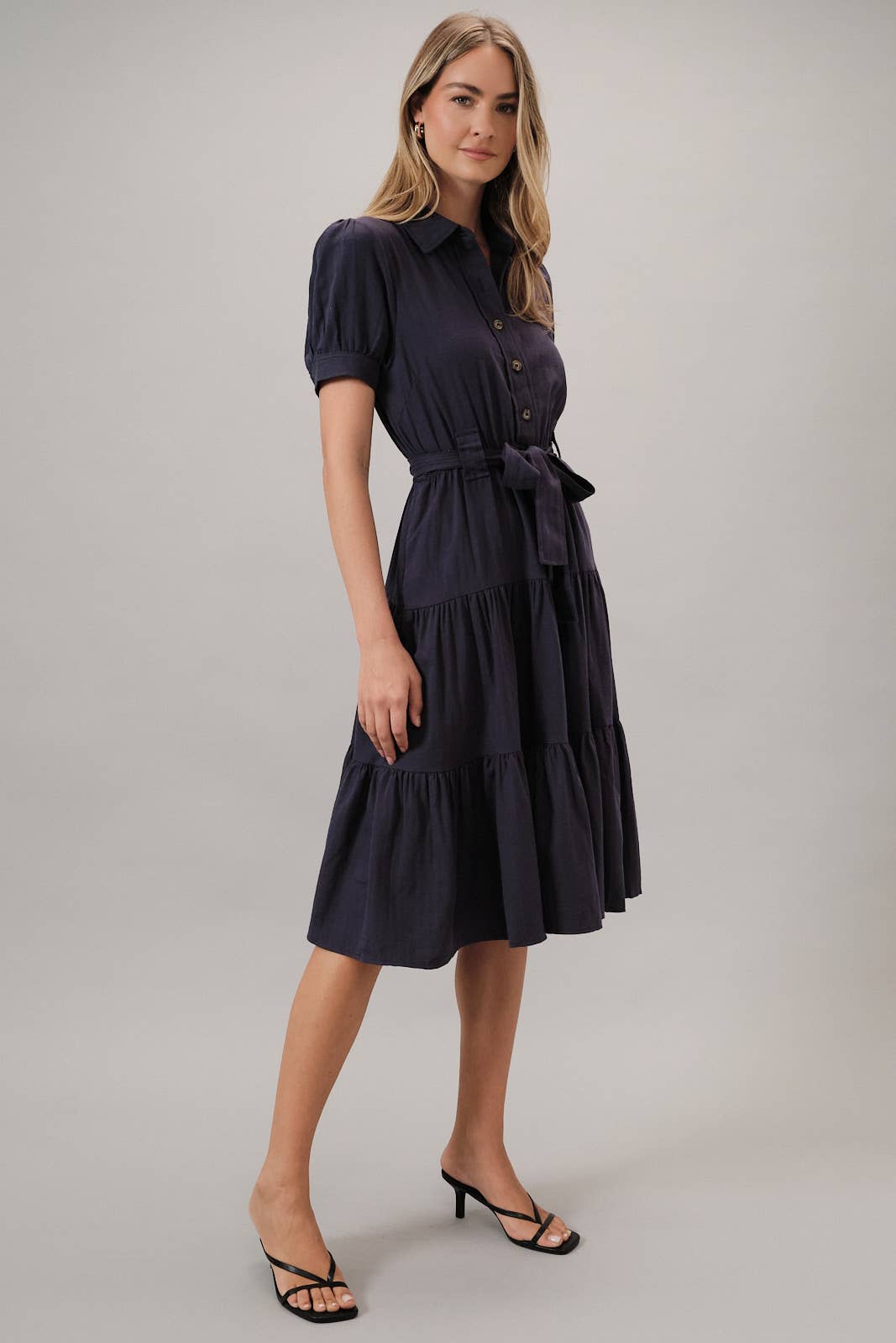 SHORT SLEEVE BUTTON DOWN BELTED TIERED MIDI DRESS