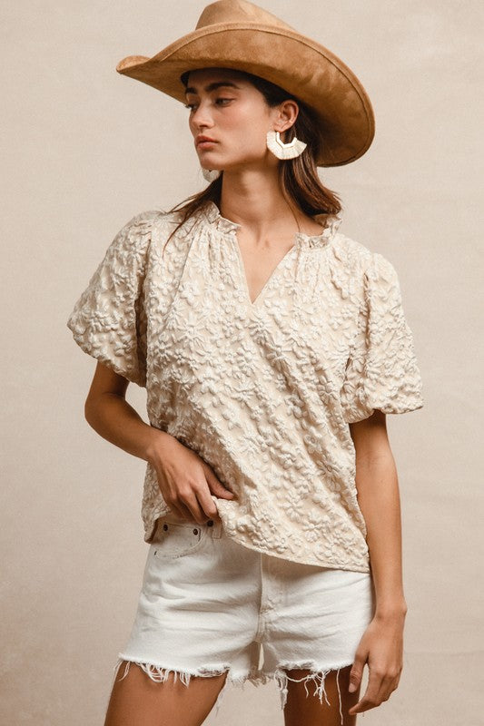 Floral Balloon Sleeve V Neck Top