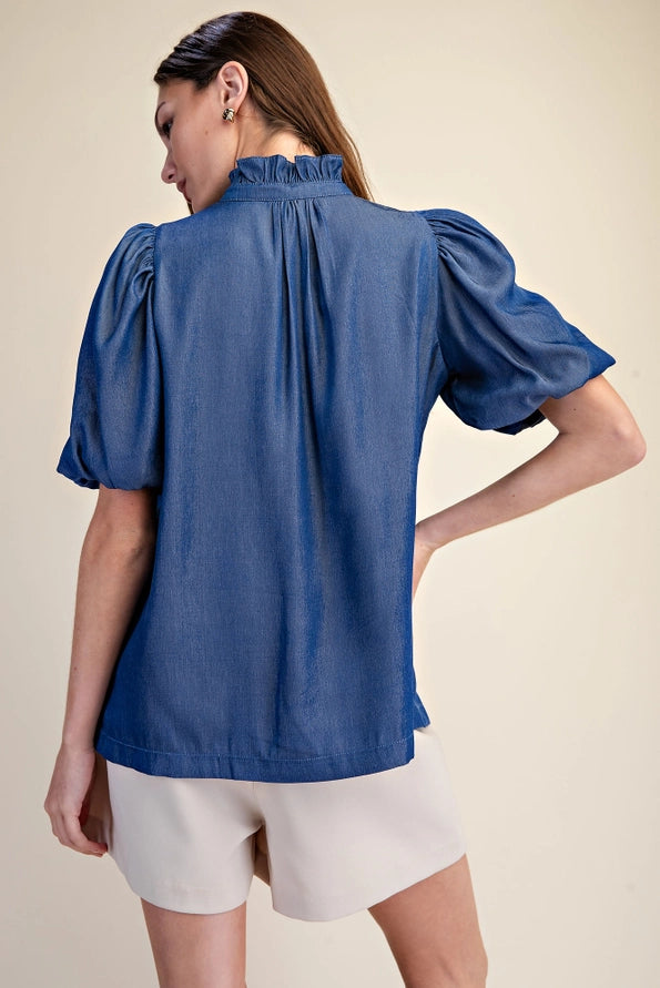 Puff Sleeve Blouse Ruffle Neck Smocked Detail