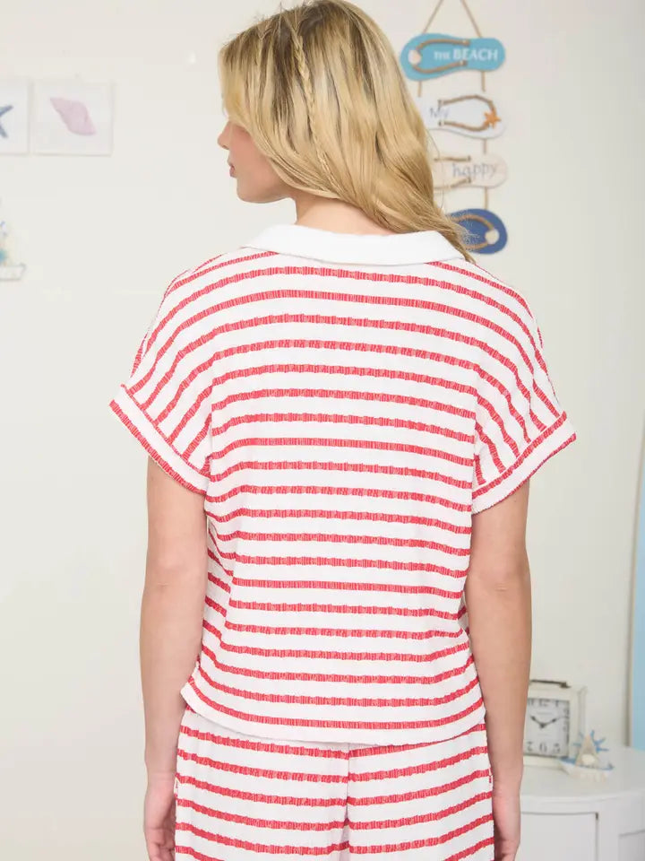 Textured Stripe Collared Short Sleeve Knit Top