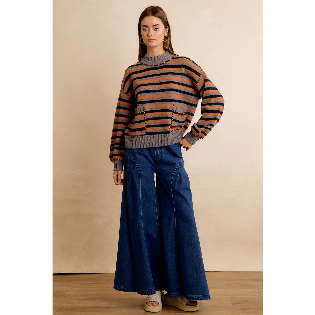 Halloween Striped Mock Neck Pocket Sweater