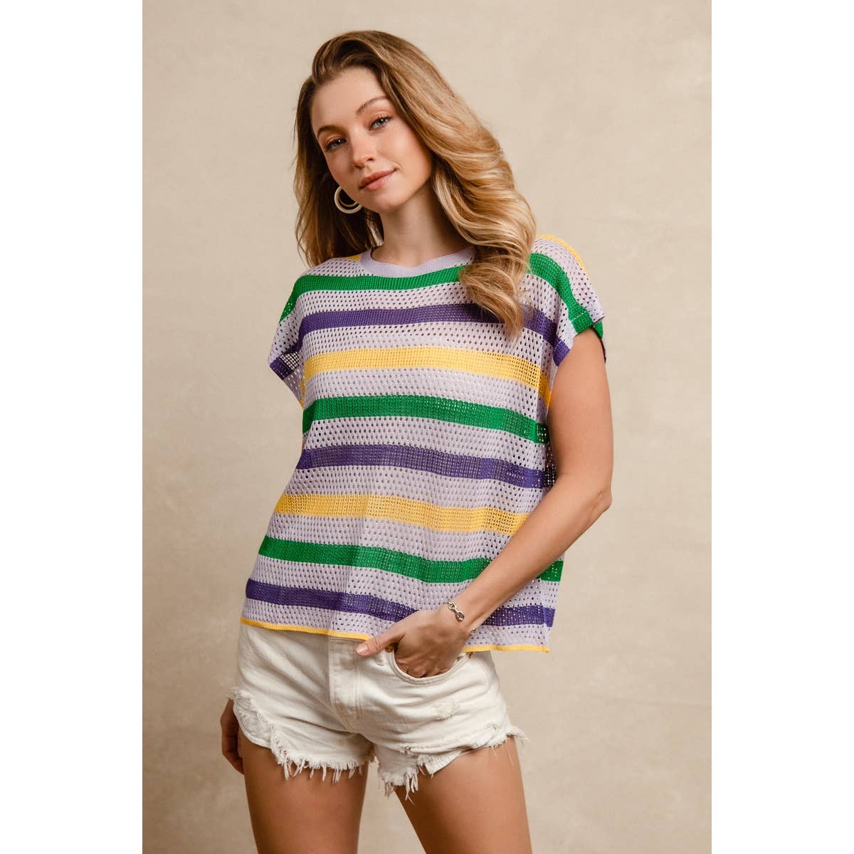 MARDI GRAS STRIPES SHORT DOLMAN SLEEVE KNIT TOP