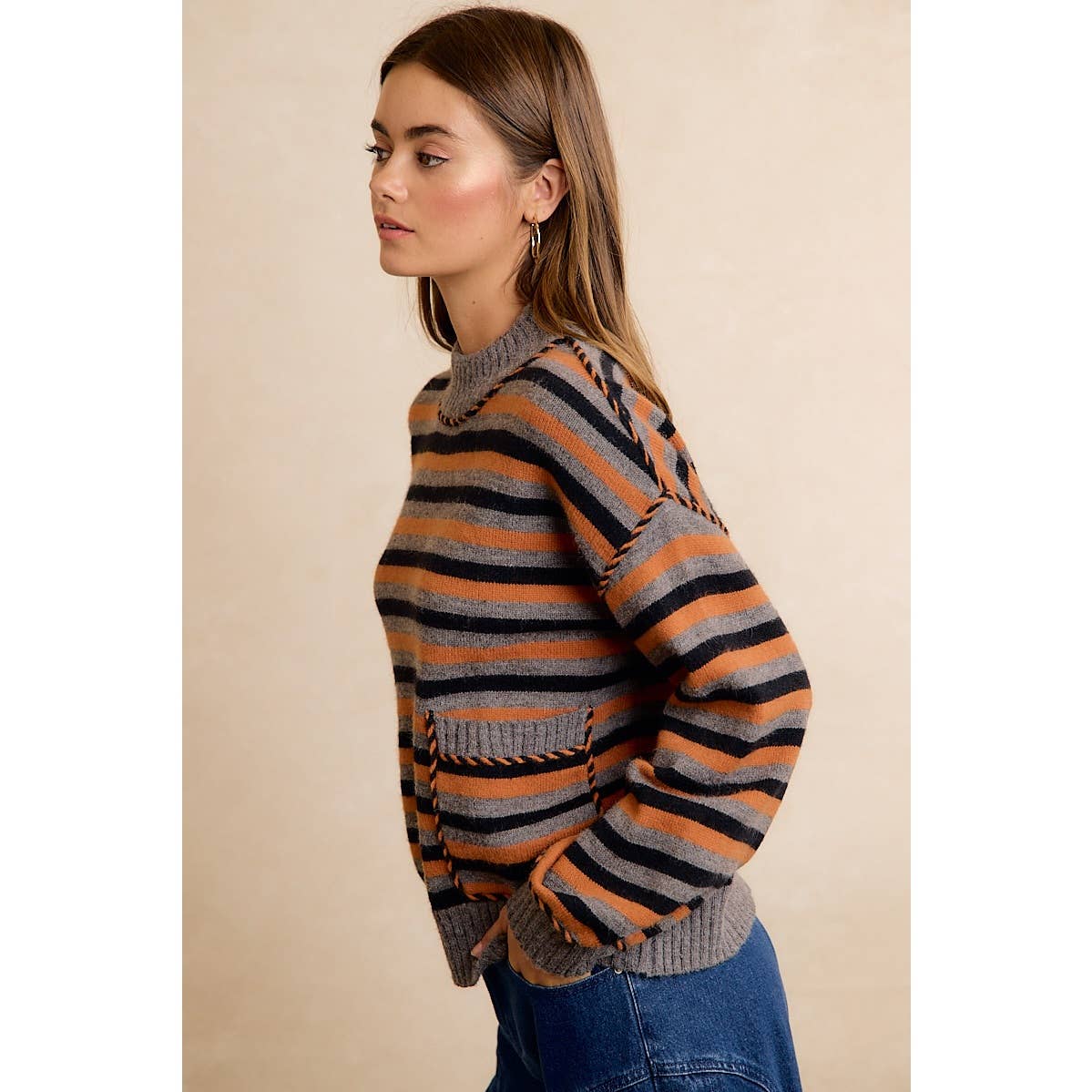 Halloween Striped Mock Neck Pocket Sweater