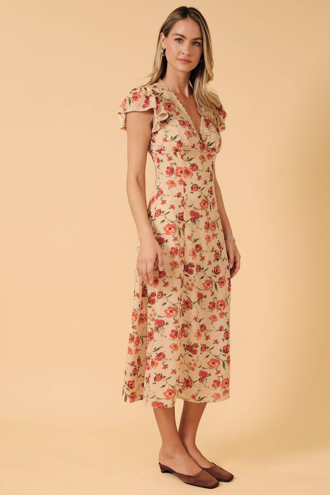 Lace Trim V-Neck Short Flutter Sleeve Midi Dress With Slit