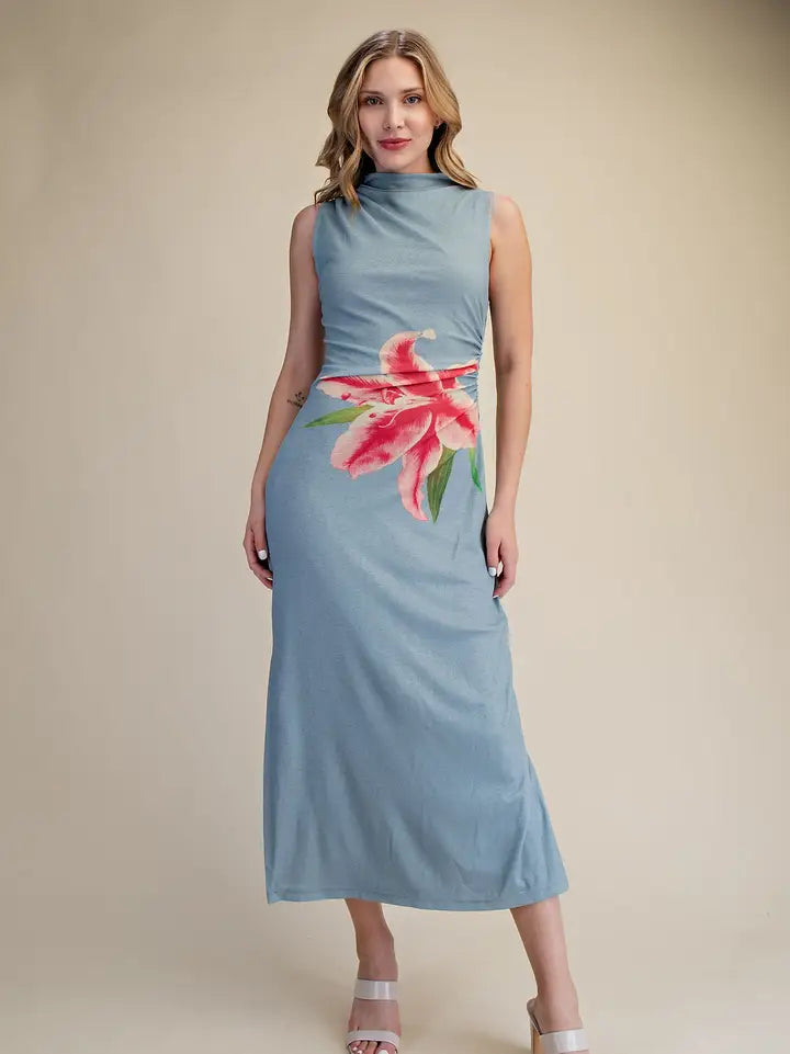 Ruched High-Neck Flower Print Midi Dress