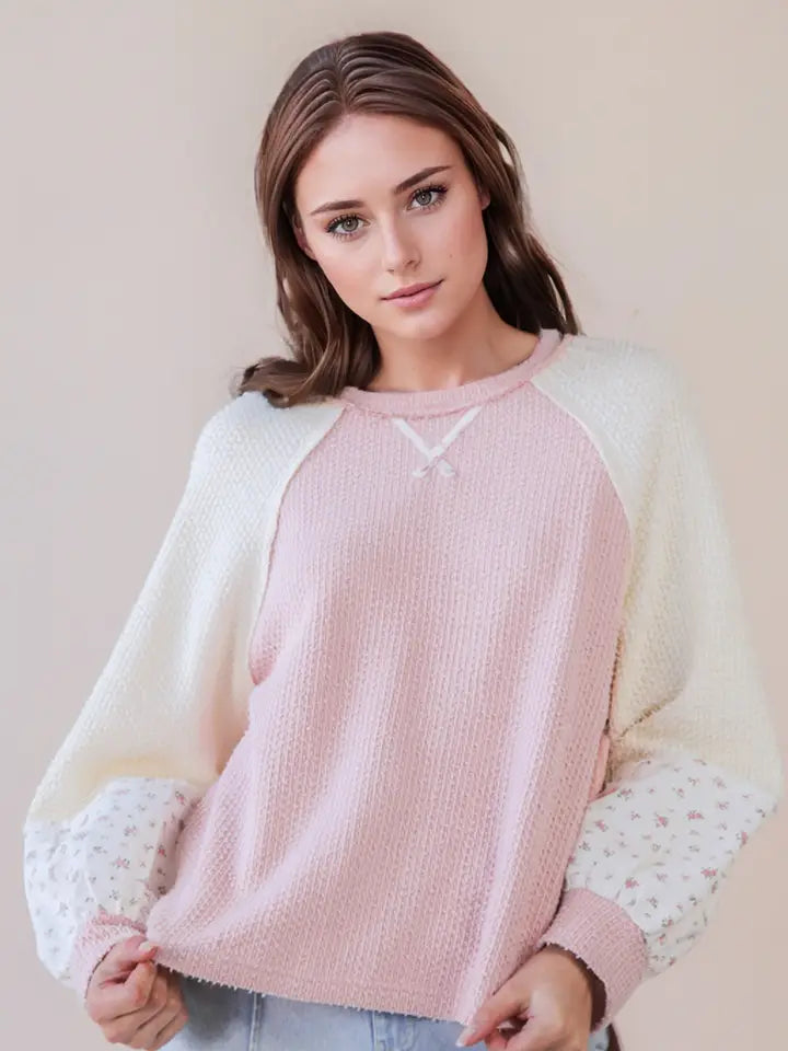 Raglan Sleeve Color Block Casual Textured Knit Top